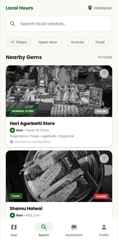 Customer searching for nearby open shops in Local Hours