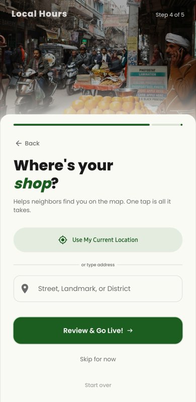 Set shop location screen in Local Hours app